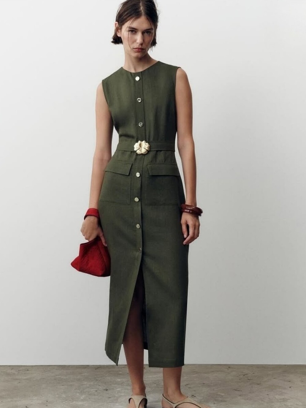 Zara Viral Summer Collection Linen Midi Dress In Green Olive Size M